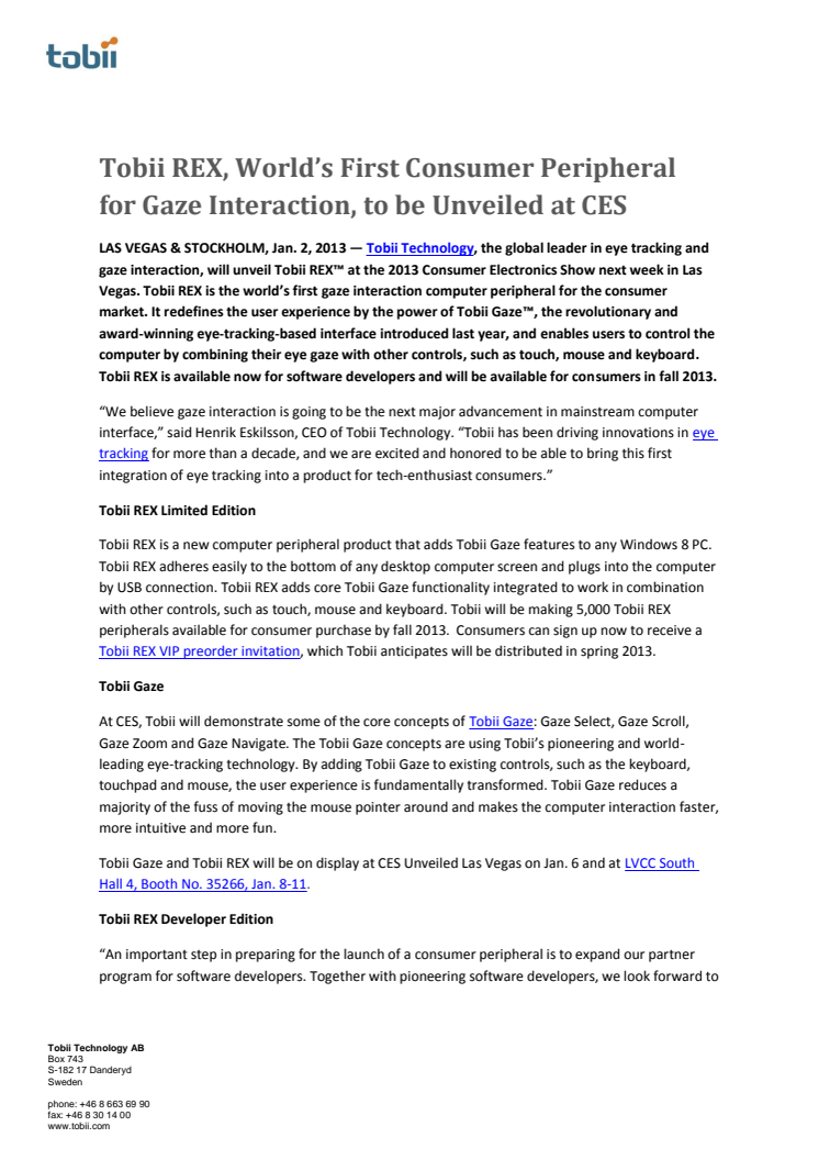 Tobii REX, World’s First Consumer Peripheral for Gaze Interaction, to be Unveiled at CES