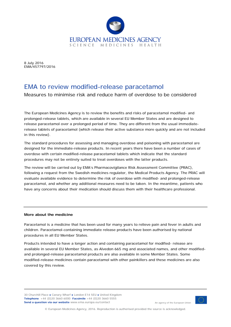 EMA to review modified-release paracetamol