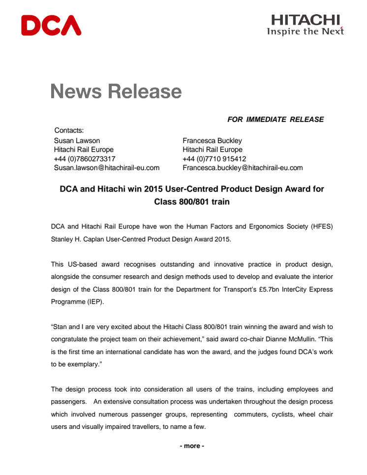 DCA and Hitachi win 2015 User-Centred Product Design Award for Class 800/801 train