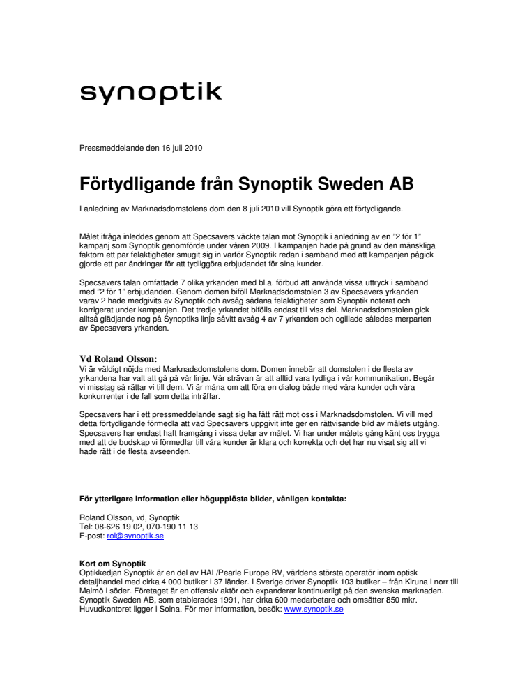 Förtydligande från Synoptik Sweden AB