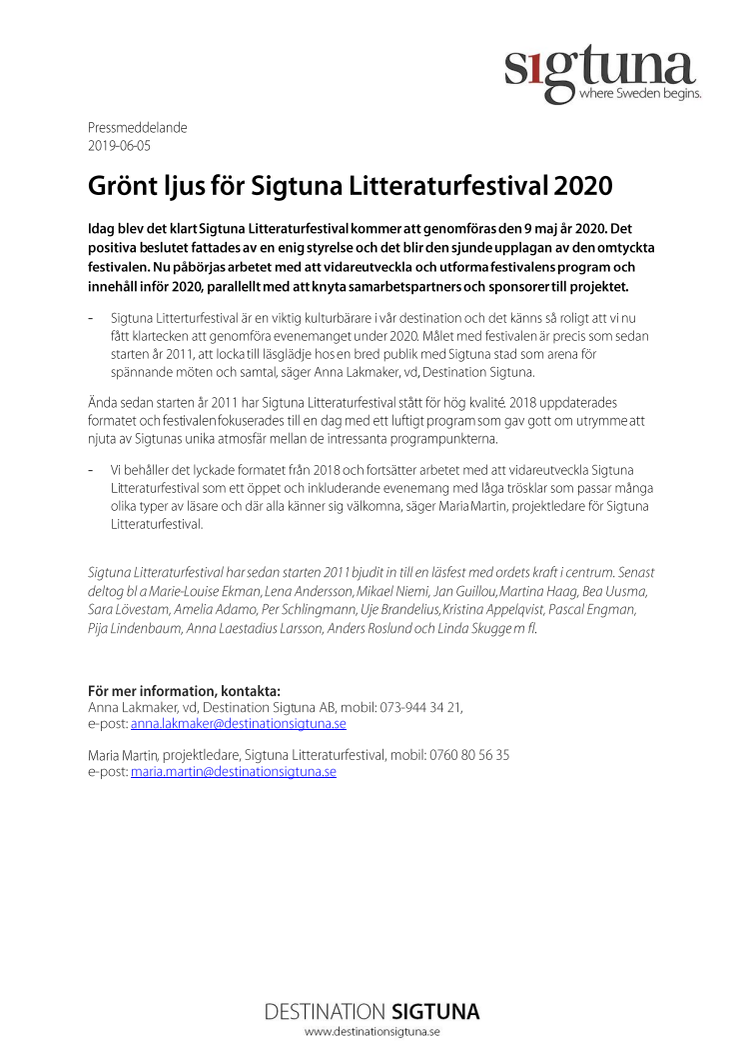 Grönt ljus för Sigtuna Litteraturfestival 2020