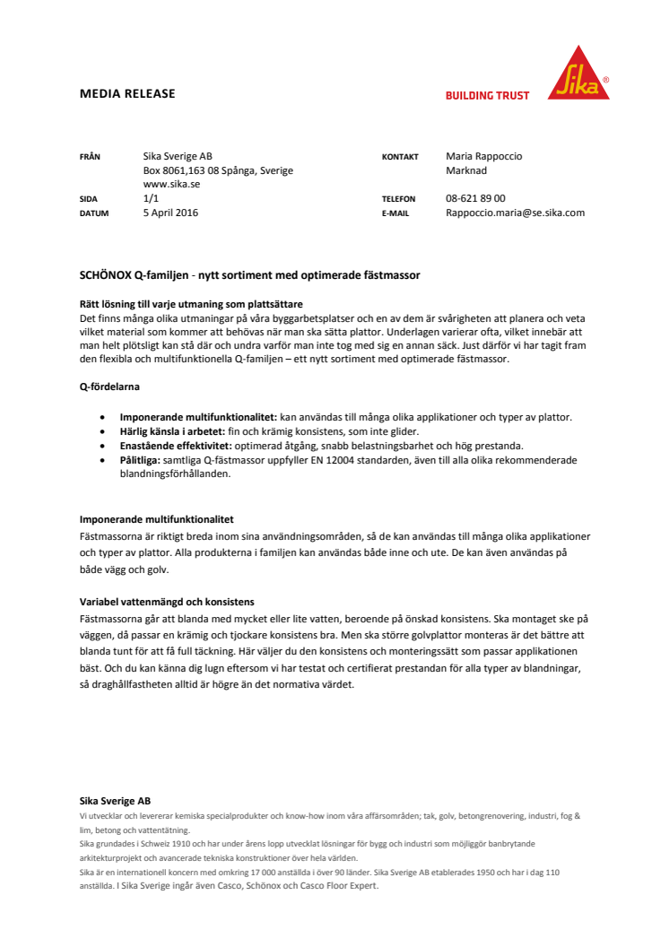 SCHÖNOX Q-familjen - nytt sortiment med optimerade fästmassor 