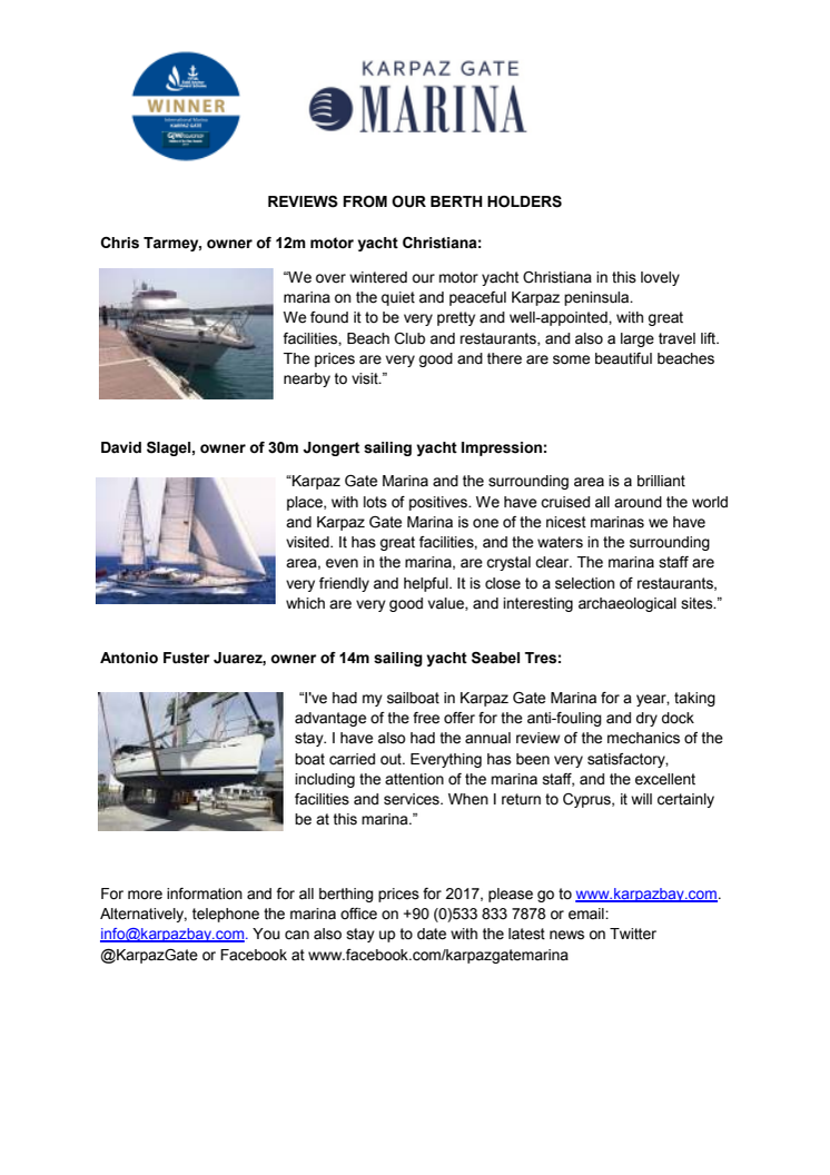 Press Kit #3: Reviews from Berth Holders at Karpaz Gate Marina