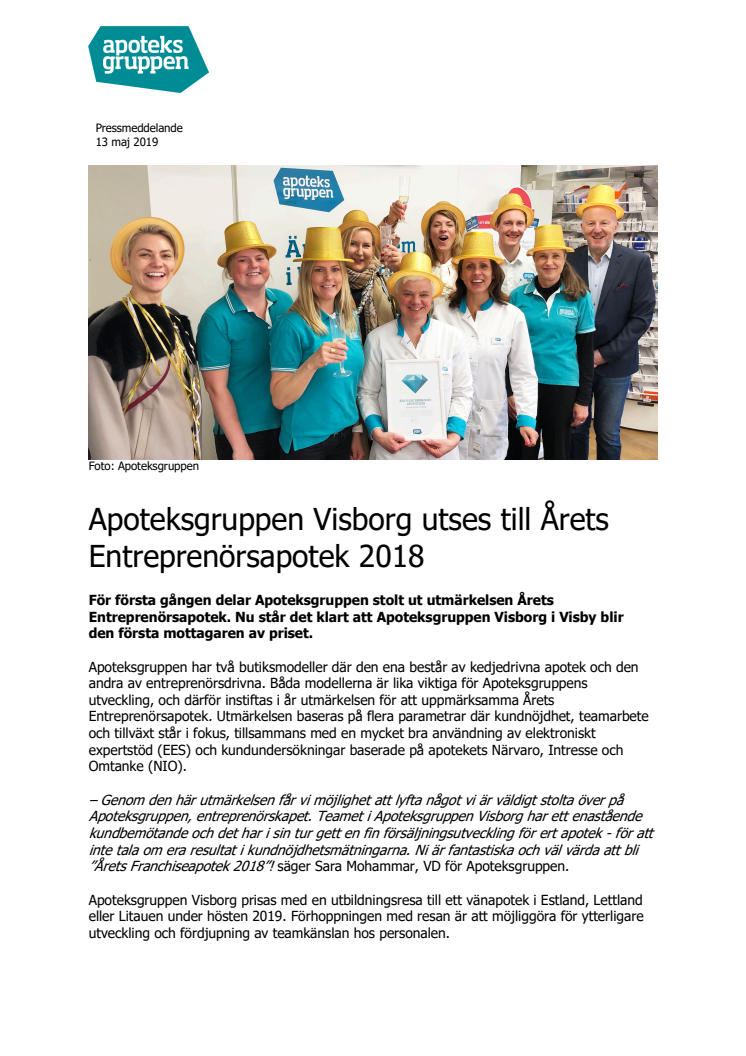 Apoteksgruppen Visborg utses till Årets Entreprenörsapotek 2018