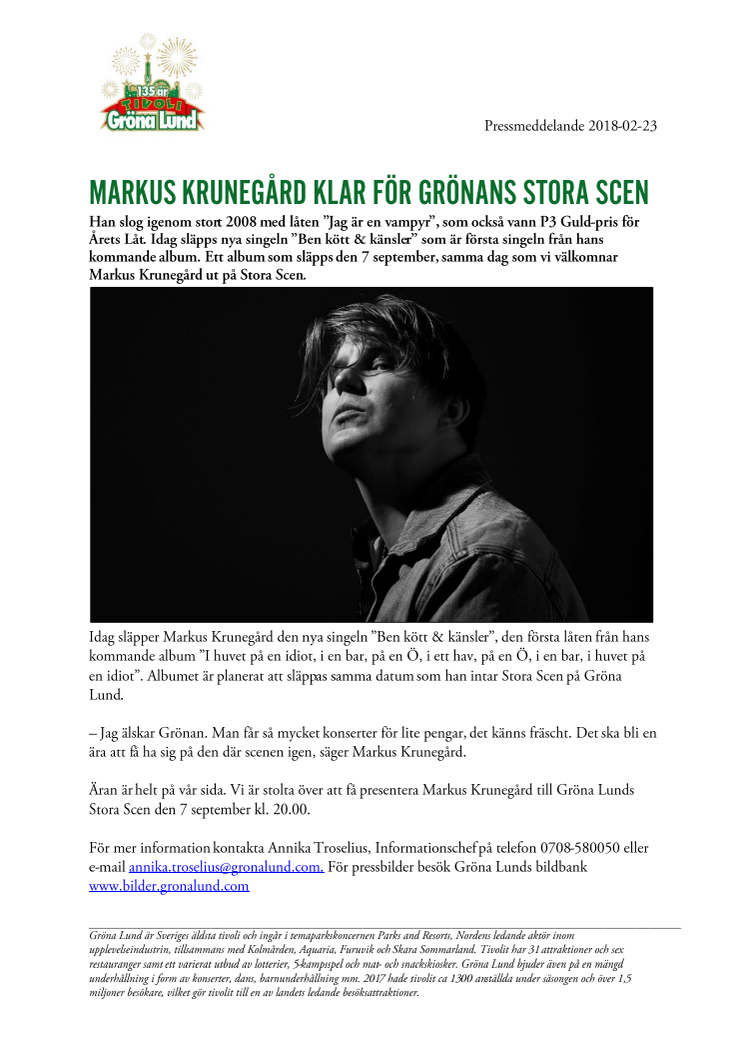 Markus Krunegård klar för Grönans Stora Scen