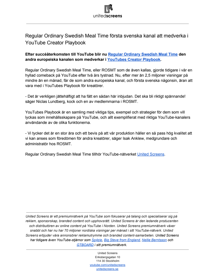 Regular Ordinary Swedish Meal Time första svenska kanal att medverka i YouTube Creator Playbook 