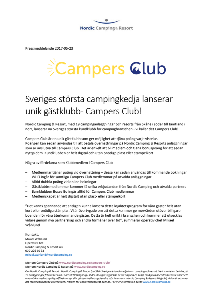 Sveriges största campingkedja lanserar unik gästklubb - Campers Club