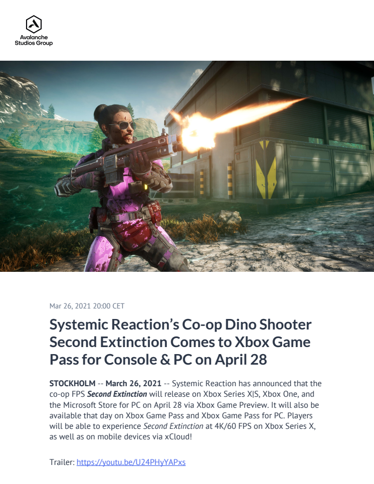 Systemic Reaction’s Co-op Dino Shooter Second Extinction Comes to Xbox Game Pass for Console & PC on April 28