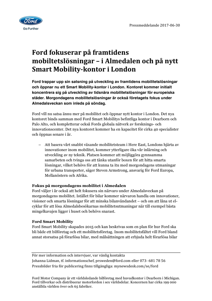 Ford fokuserar på framtidens mobiltetslösningar – i Almedalen och på nytt Smart Mobility-kontor i London