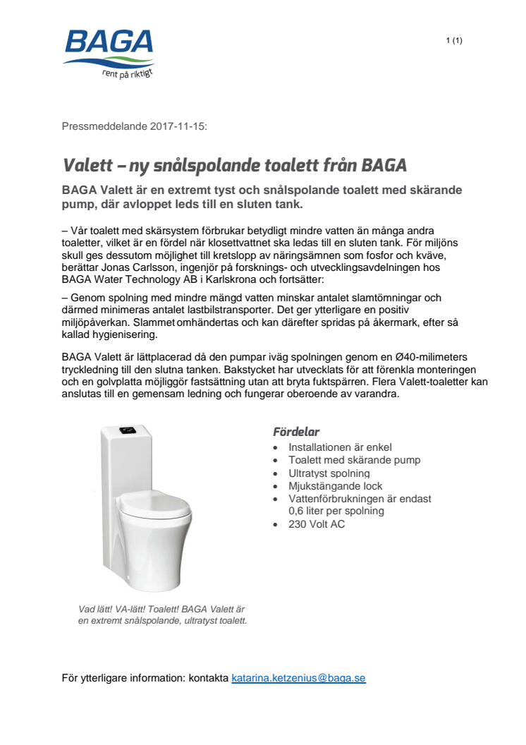  Valett – ny snålspolande toalett från BAGA