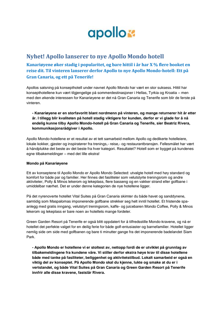 Nyhet! Apollo lanserer to nye Apollo Mondo hotell