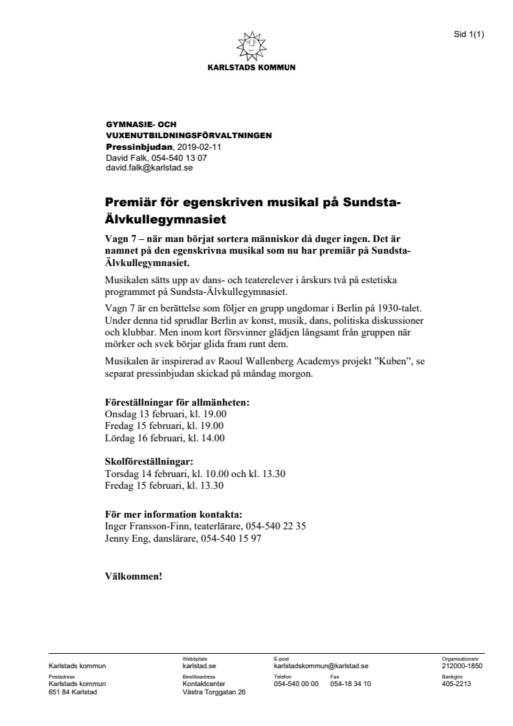 Pressinbjudan - Premiär för egenskriven musikal på Sundsta-Älvkullegymnasiet