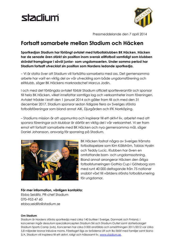 Fortsatt samarbete mellan Stadium och Häcken