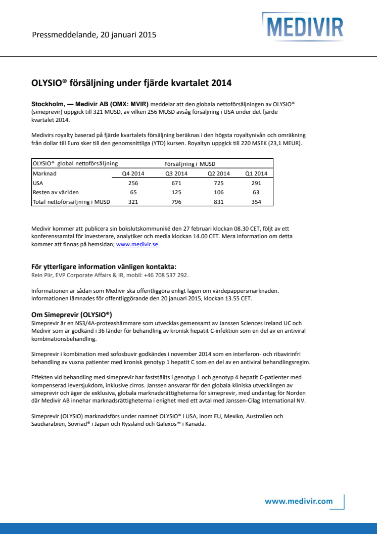 OLYSIO® försäljning under fjärde kvartalet 2014