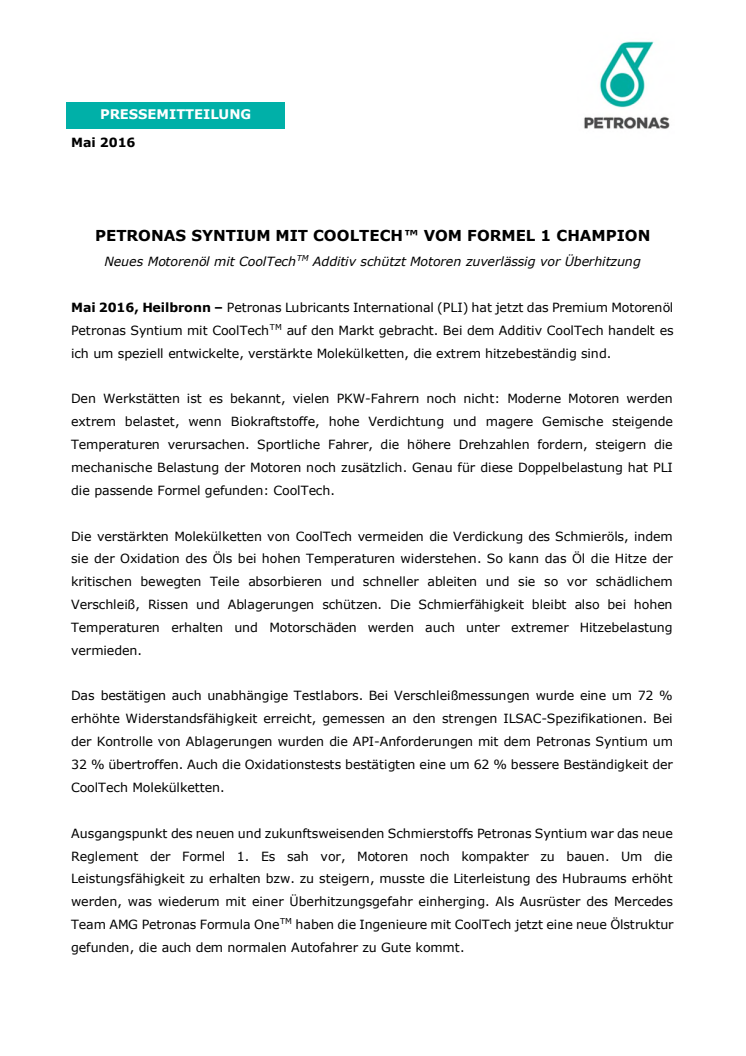 PETRONAS SYNTIUM MIT COOLTECH™ VOM FORMEL 1 CHAMPION