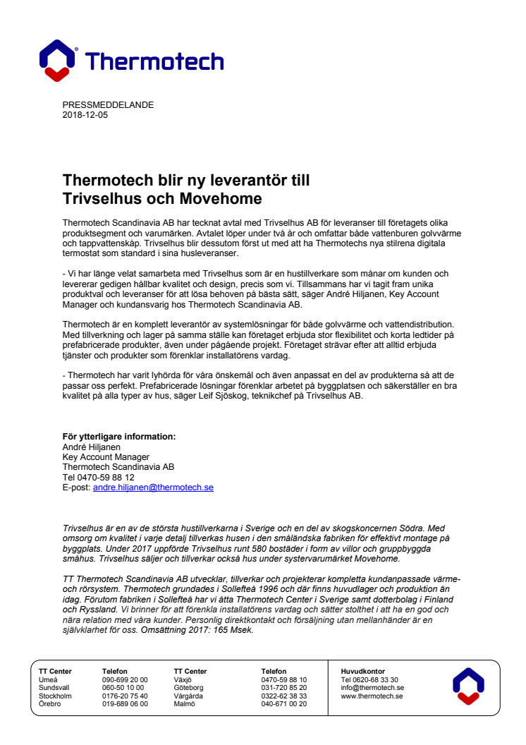 Thermotech blir ny leverantör till Trivselhus och Movehome