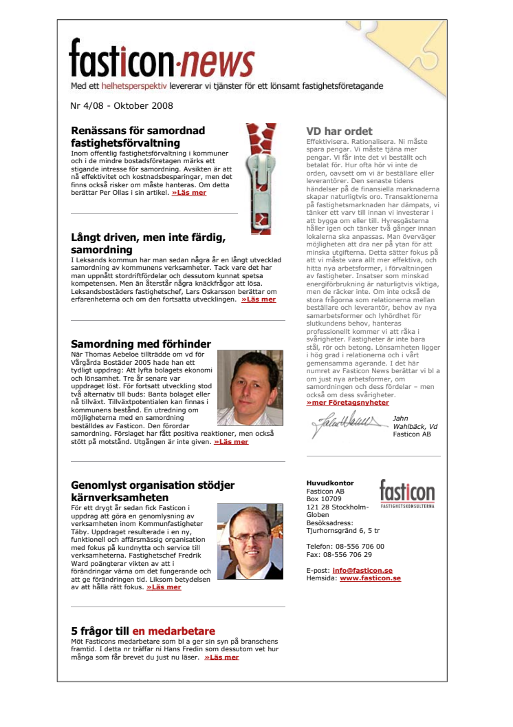 Fasticon News - Nyhetsbrev #4/08, Oktober (Tema Samordning)