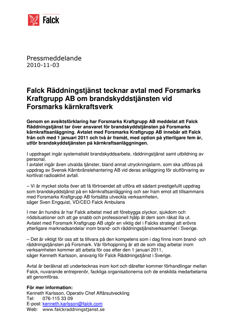 Falck Räddningstjänst tecknar avtal med Forsmarks Kraftgrupp AB om brandskyddstjänsten vid Forsmarks kärnkraftverk