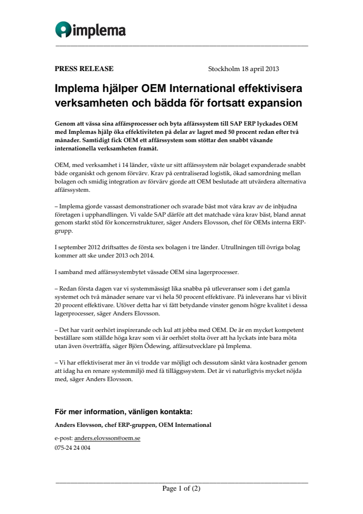 Implema hjälper OEM International effektivisera verksamheten och bädda för fortsatt expansion