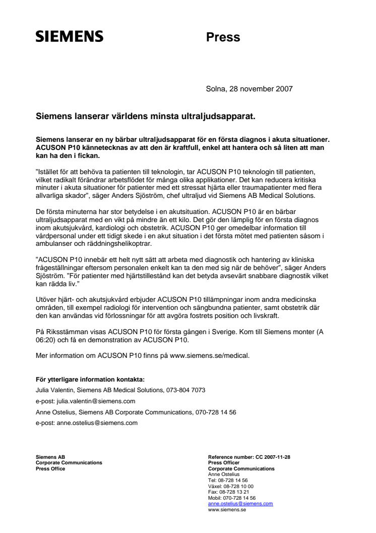 Siemens lanserar världens minsta ultraljudsapparat
