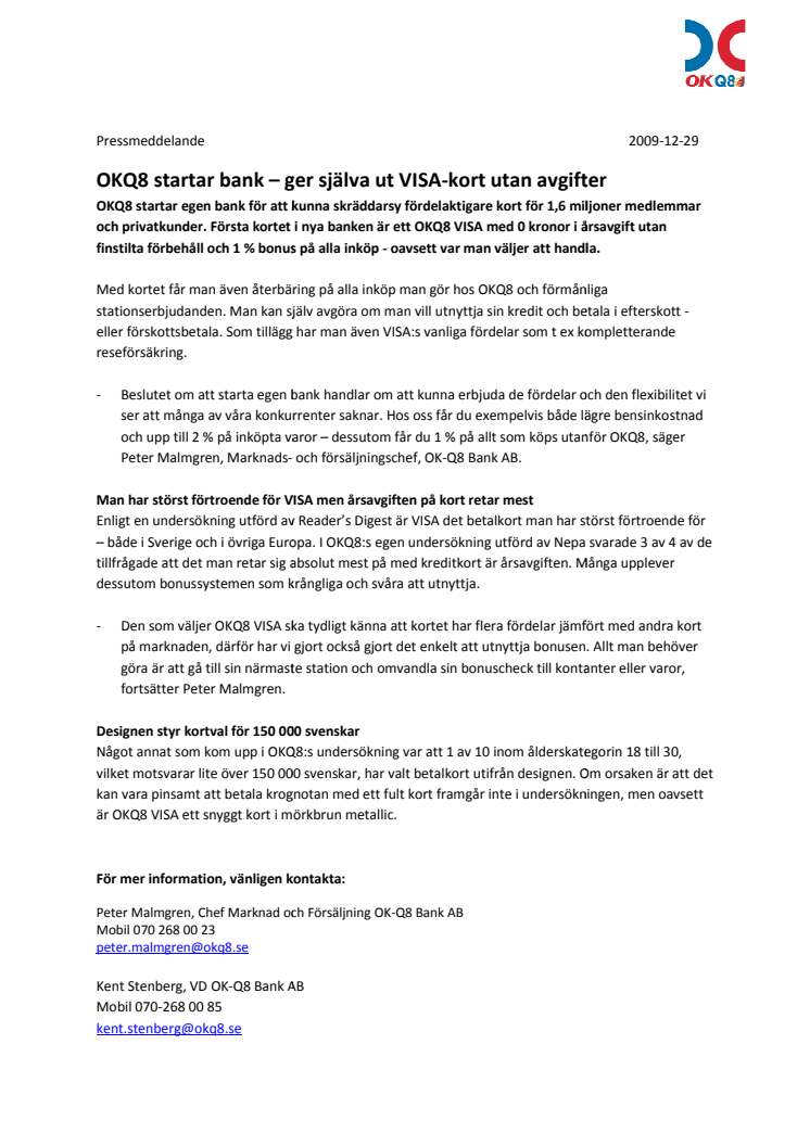 OKQ8 startar bank – ger själva ut VISA-kort utan avgifter 