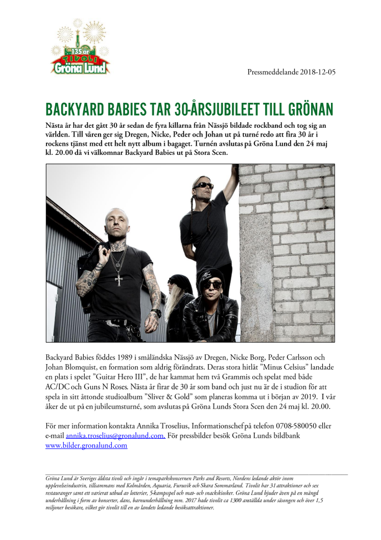 Backyard Babies tar 30-årsjubileet till Grönan