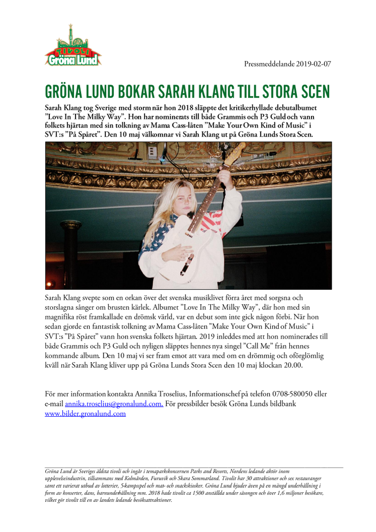 Gröna Lund bokar Sarah Klang till Stora Scen