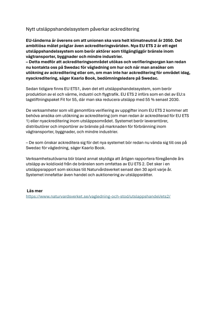 Nytt utsläppshandelssystem påverkar ackreditering