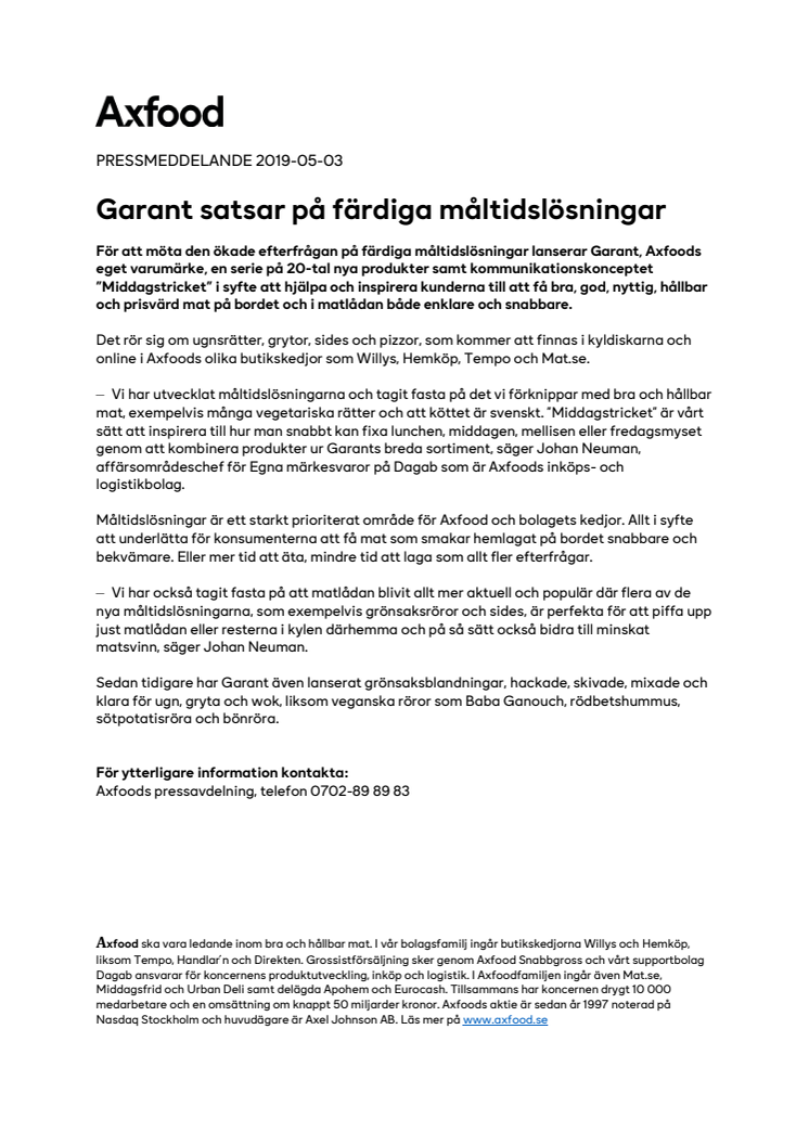 Garant satsar på färdiga måltidslösningar