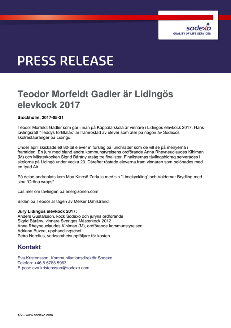 Teodor Morfeldt Gadler är Lidingös elevkock 2017