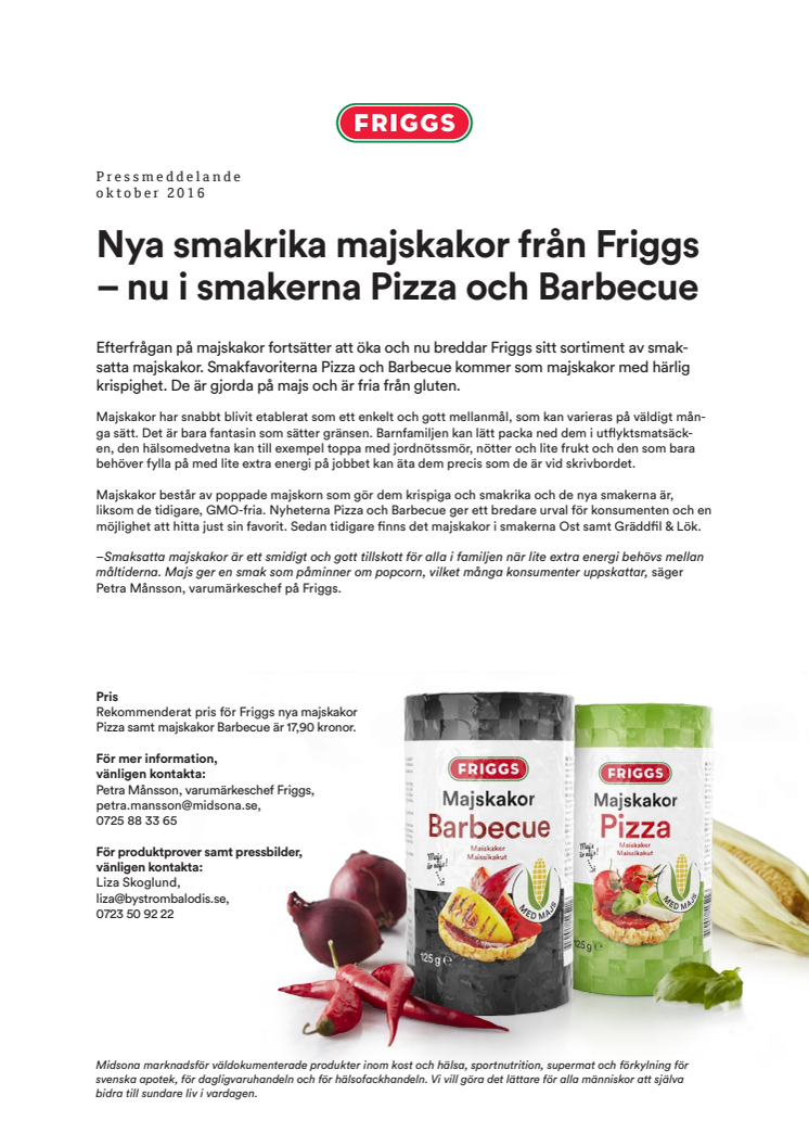 Nya smakrika majskakor från Friggs - nu i smakerna Pizza och Barbeque