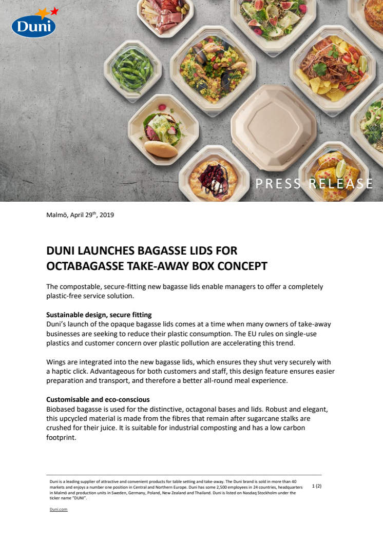 DUNI LAUNCHES BAGASSE LIDS FOR OCTABAGASSE TAKE-AWAY BOX CONCEPT