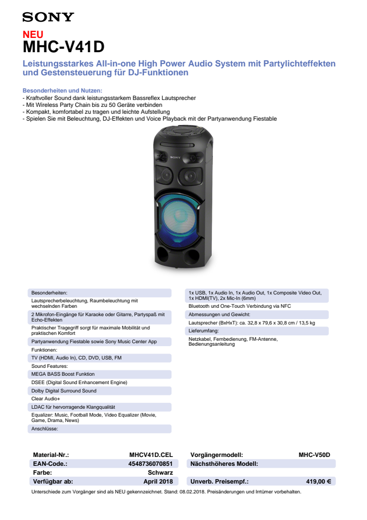 Datenblatt Audio System MHC-V41D von Sony