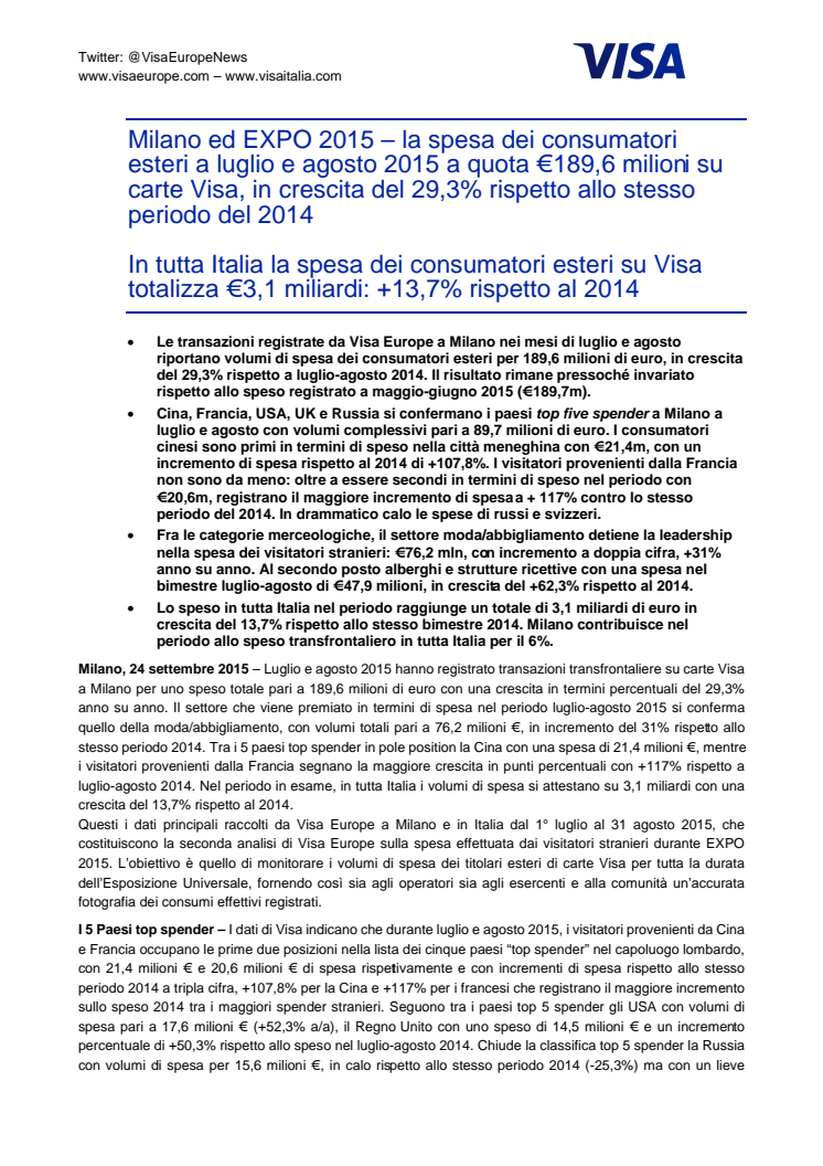 Milano ed EXPO 2015 – la spesa dei consumatori esteri a luglio e agosto 2015 a quota €189,6 milioni su carte Visa, in crescita del 29,3% rispetto allo stesso periodo del 2014