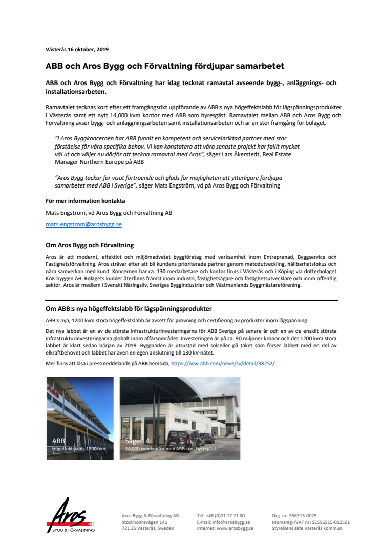 ABB och Aros Bygg och Förvaltning fördjupar samarbetet
