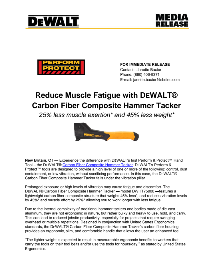 Reduce Muscle Fatigue with DEWALT® Carbon Fiber Composite Hammer Tacker