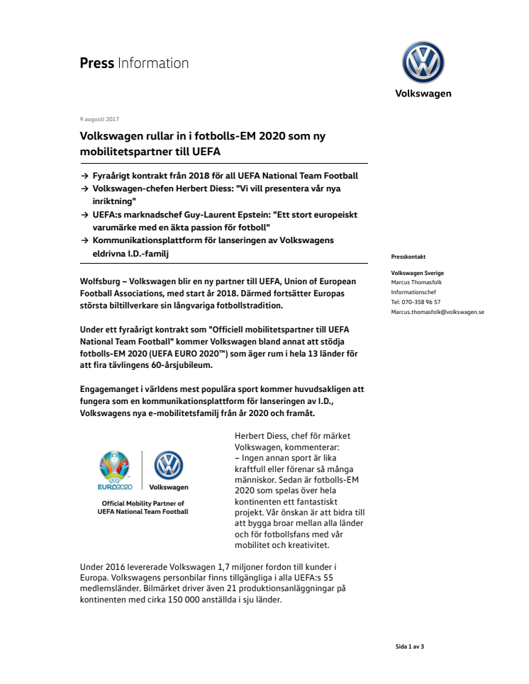 Volkswagen rullar in i fotbolls-EM 2020 som ny mobilitetspartner till UEFA