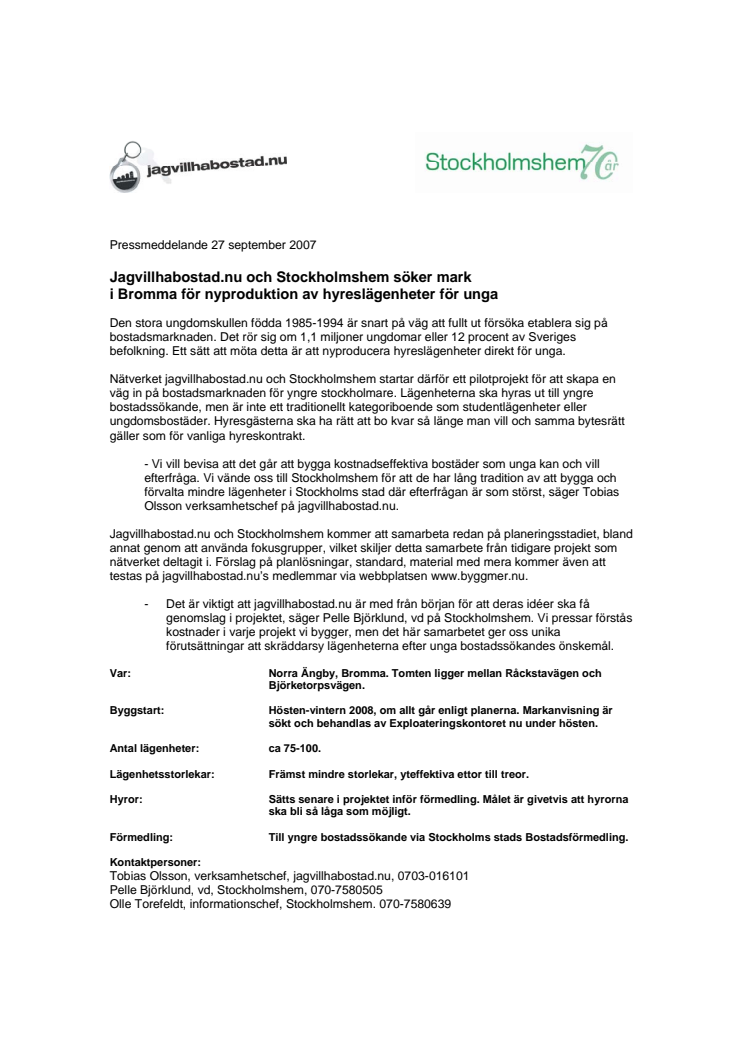 Stockholmshem och jagvillhabostad.nu samarbetar om nyproduktion för unga