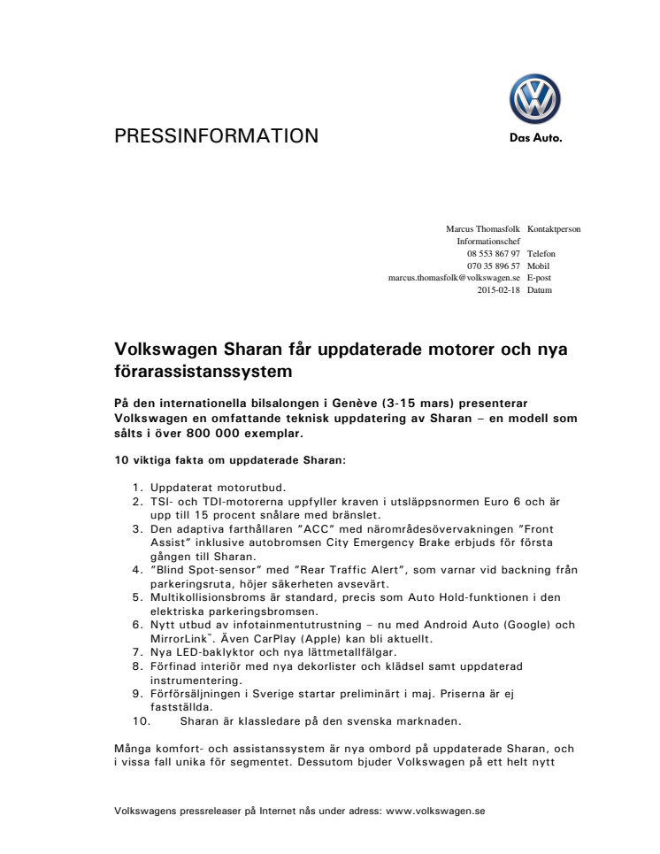 Volkswagen Sharan får uppdaterade motorer och nya förarassistanssystem