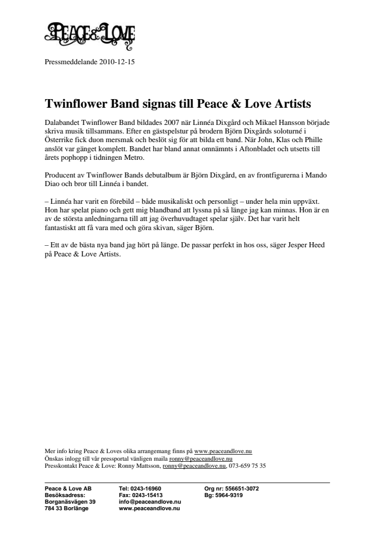 Twinflower Band signas till Peace & Love Artists