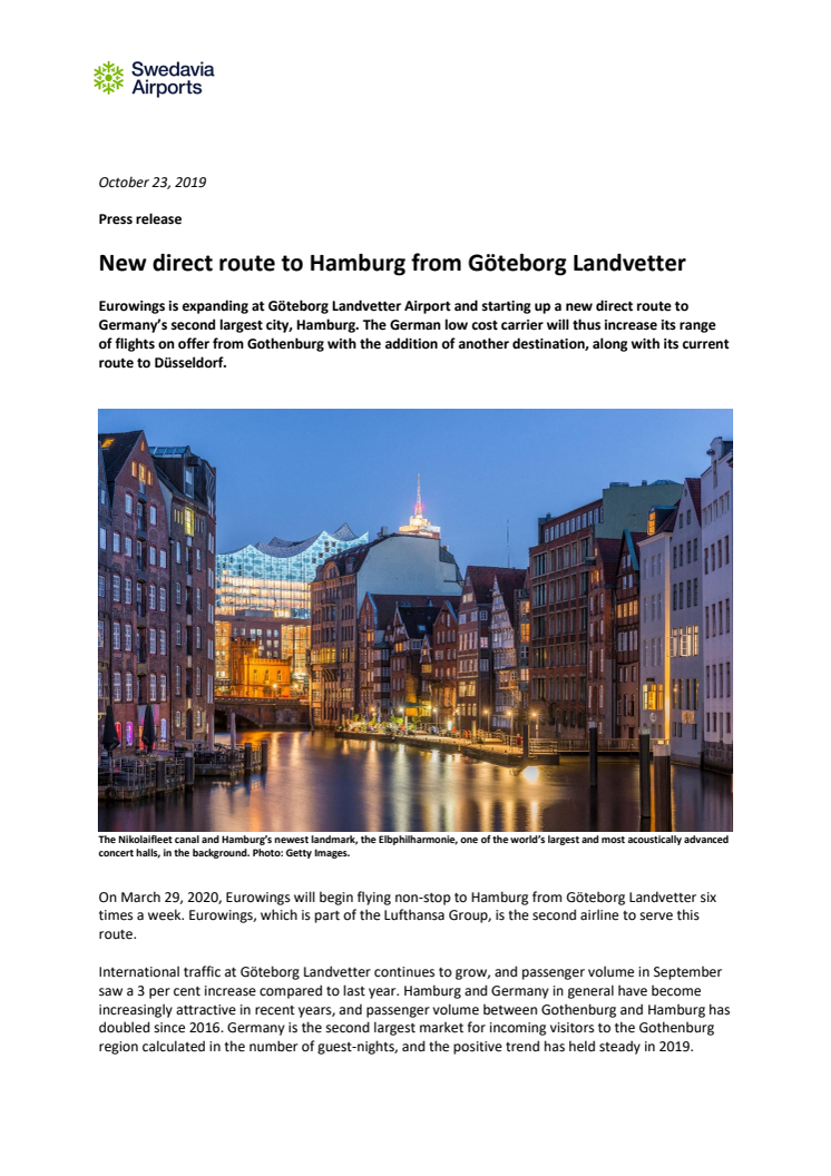 New direct route to Hamburg from Göteborg Landvetter Airport