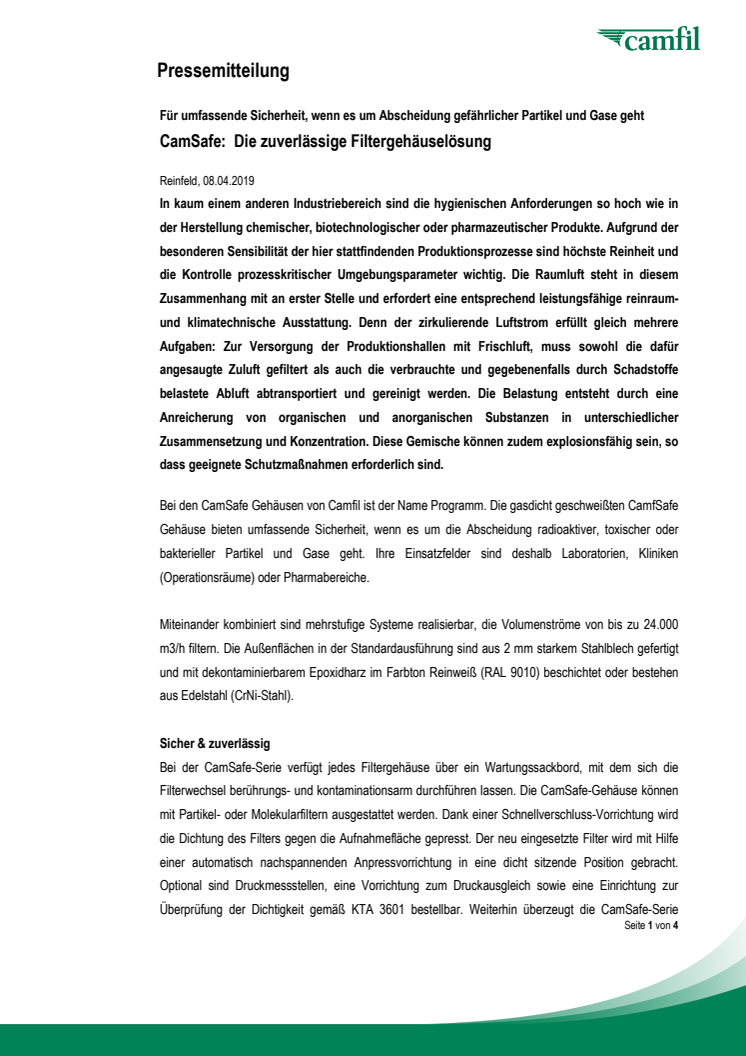 CamSafe:  Die zuverlässige Filtergehäuselösung 