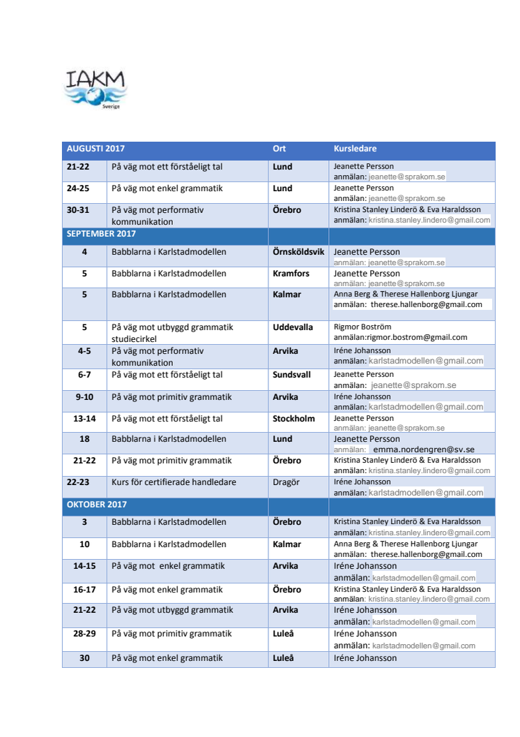 Kurs kalender för IAKM