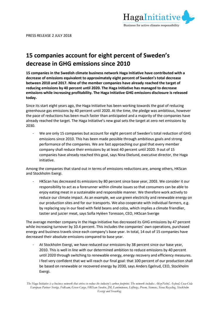 15 companies account for eight percent of Sweden’s decrease in GHG emissions since 2010 