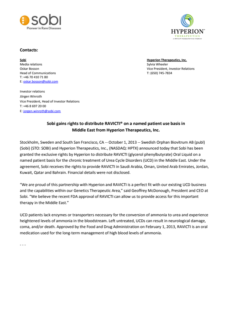 Sobi gains rights to distribute Ravicti® on a named patient use basis in Middle East from Hyperion Therapeutics, Inc.