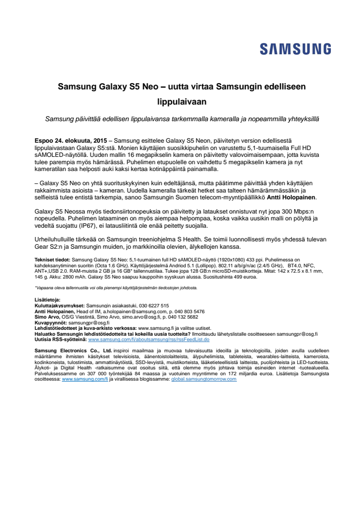 ​Samsung Galaxy S5 Neo – uutta virtaa Samsungin edelliseen lippulaivaan