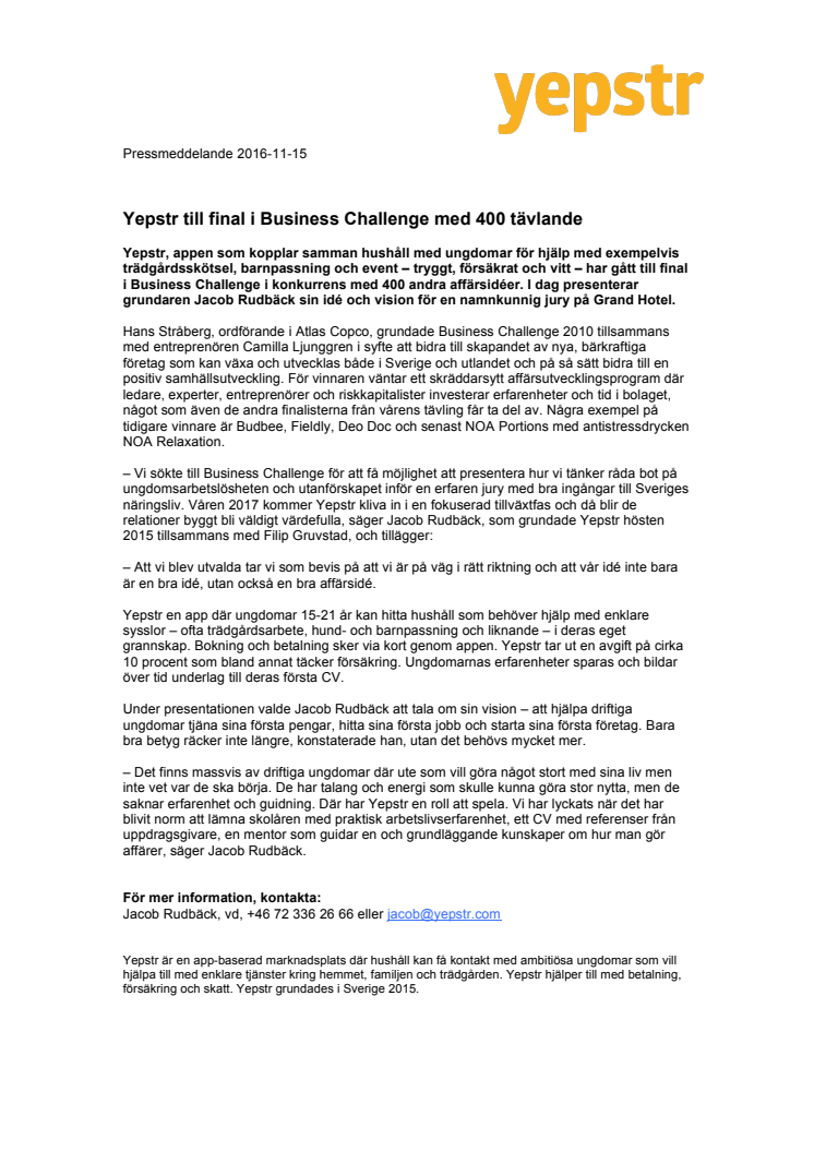 Yepstr till final i Business Challenge med 400 tävlande