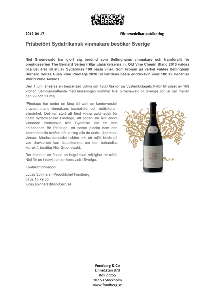 Prisbelönt Sydafrikansk vinmakare kommer till Sverige