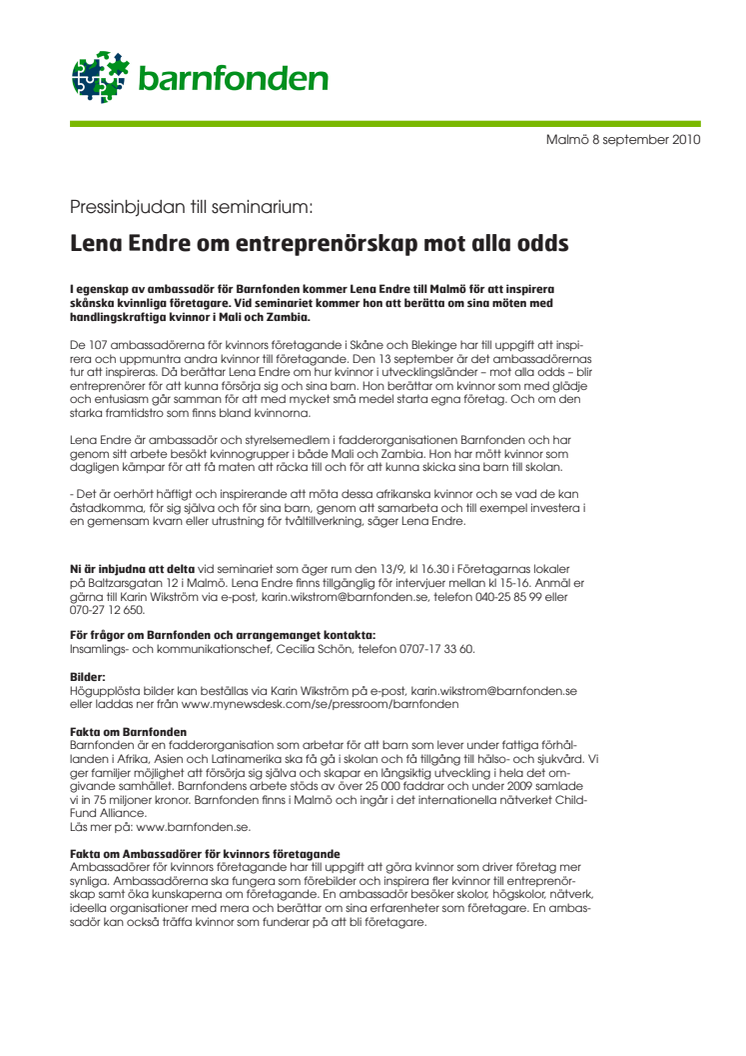 Pressinbjudan till seminarium: Lena Endre om entreprenörskap mot alla odds