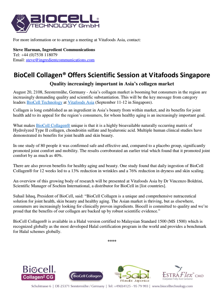 PRESS RELEASE: BioCell Collagen® to focus on quality at Vitafoods Asia
